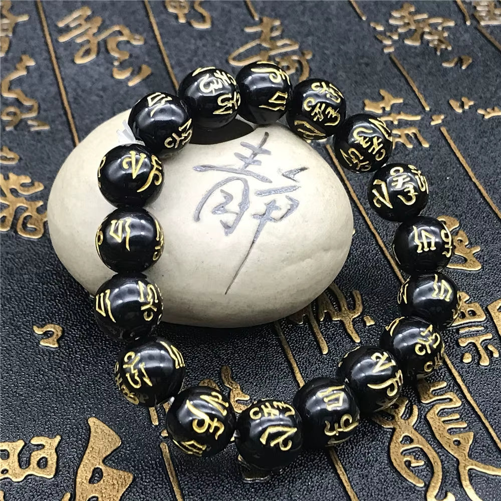Elevate Your Spirit with the 8/10/12/14mm Tibetan Buddhism Six Words Mantra Bracelets - Unisex Black Obsidian Amulet Jewelry in a Gift Box