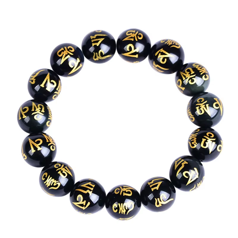 Elevate Your Spirit with the 8/10/12/14mm Tibetan Buddhism Six Words Mantra Bracelets - Unisex Black Obsidian Amulet Jewelry in a Gift Box