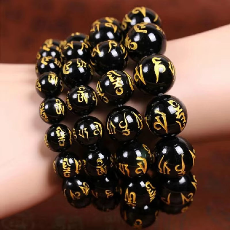 Elevate Your Spirit with the 8/10/12/14mm Tibetan Buddhism Six Words Mantra Bracelets - Unisex Black Obsidian Amulet Jewelry in a Gift Box